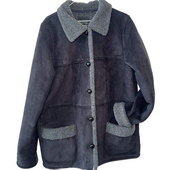 Ralph Lauren Womens 1x XL Faux Black Suede Shearling Coat Jacket Grey Sherpa - Picture 1 of 12